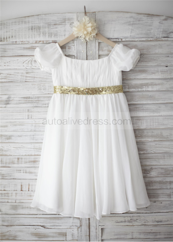 Ivory Chiffon Sequin Sash Short Sleeves Boho Knee Length Flower Girl Dress 